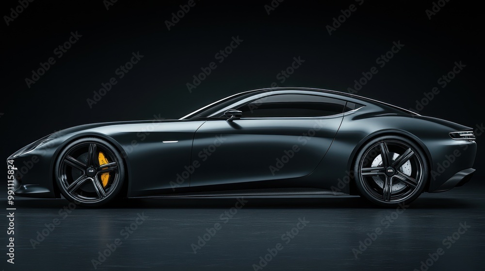 Side view of a sleek black sports car with yellow brake calipers. Side view of a sleek black sports car with yellow brake calipers.