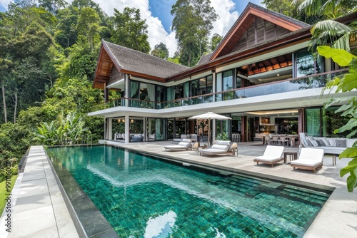 Wallpaper Mural The interior design and exterior design of a luxury pool villa, house or home feature a swimming pool, sunbeds, blue beach towels, and gardens Torontodigital.ca