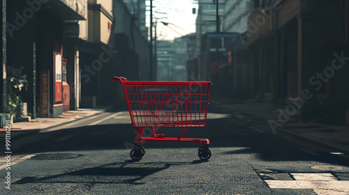 Abandoned Red Shopping Cart in Empty Urban Street