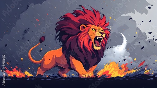 Defiant Lion Roaring Amidst Raging Tornado in Dark Stormy Sky