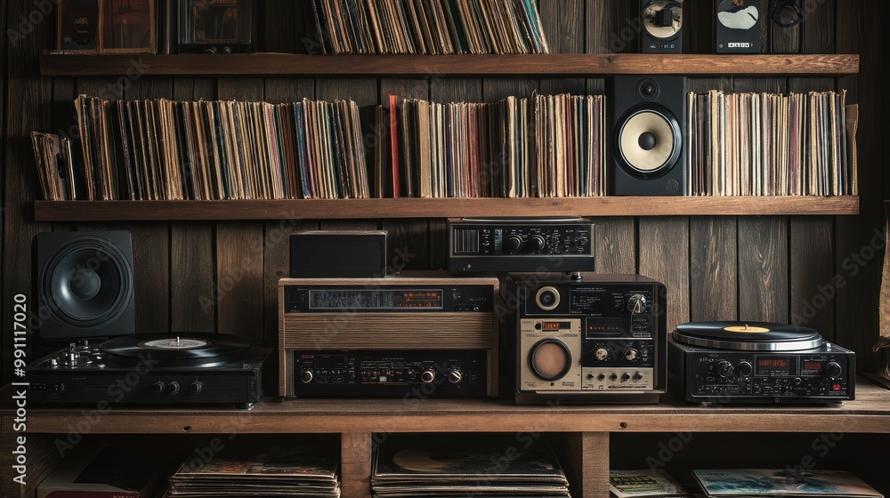 Fototapeta premium Vintage record player and stereo equipment on a wooden shelf with a collection of vinyl records.