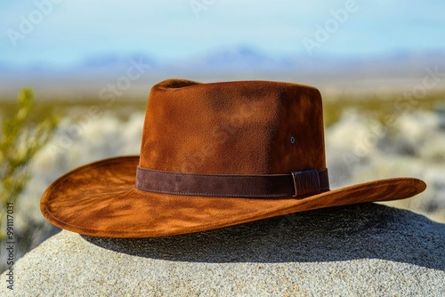 Brown Suede Cowboy Hat Resting on a Desert Rock photo