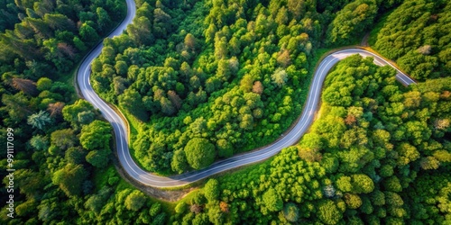 Aerial view of a winding road cutting through a lush forest , road, serpentine, forest, aerial view, nature, trees