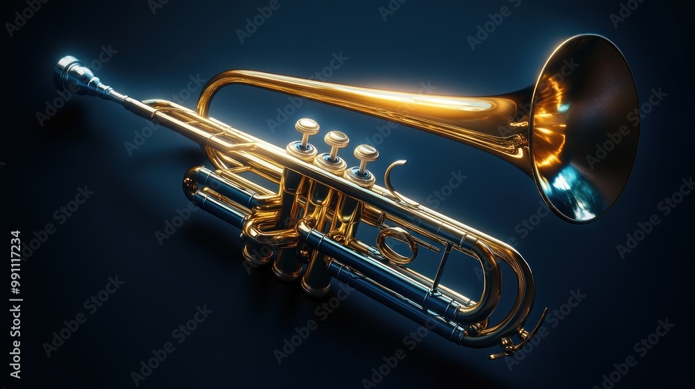 Obraz premium A golden trumpet with a shiny finish on a blue background.