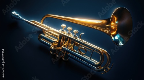 A golden trumpet with a shiny finish on a blue background.