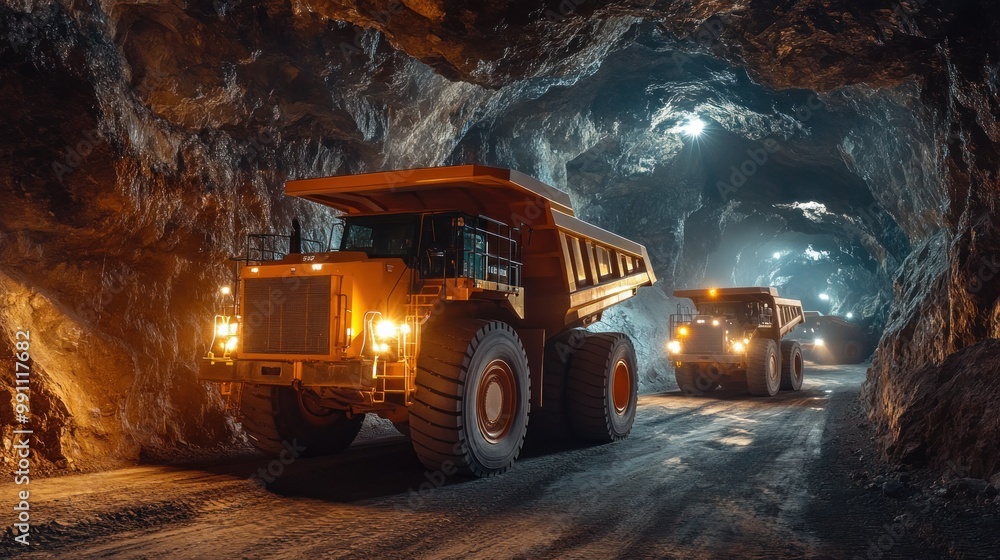 Two yellow dump trucks in a dark mine tunnel with rough rocky walls and one truck driving forward and another parked on the side of the road. Two yellow dump trucks in a dark mine tunnel with rough rocky walls and one truck driving forward and another parked on the side of the road.