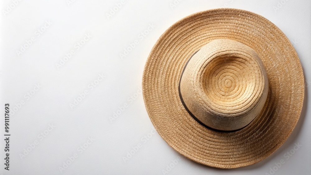 Top view of a stylish straw hat with a wide brim , summer, accessory, fashion, beach, travel, sun protection, headwear Top view of a stylish straw hat with a wide brim , summer, accessory, fashion, beach, travel, sun protection, headwear