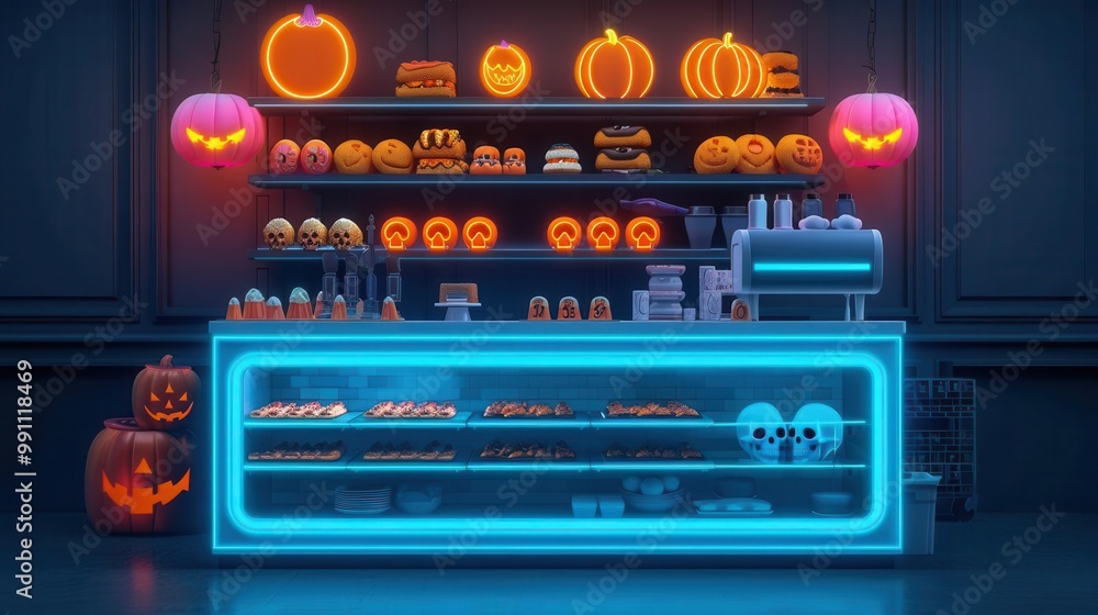Neon-lit bakery counter with glowing orange and cyan skull pastries, front view in a cyber-Halloween shop Neon-lit bakery counter with glowing orange and cyan skull pastries, front view in a cyber-Halloween shop