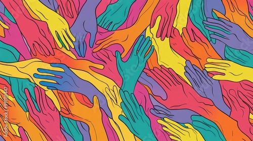 A vibrant illustration of overlapping hands in various colors, creating a dynamic and abstract pattern.