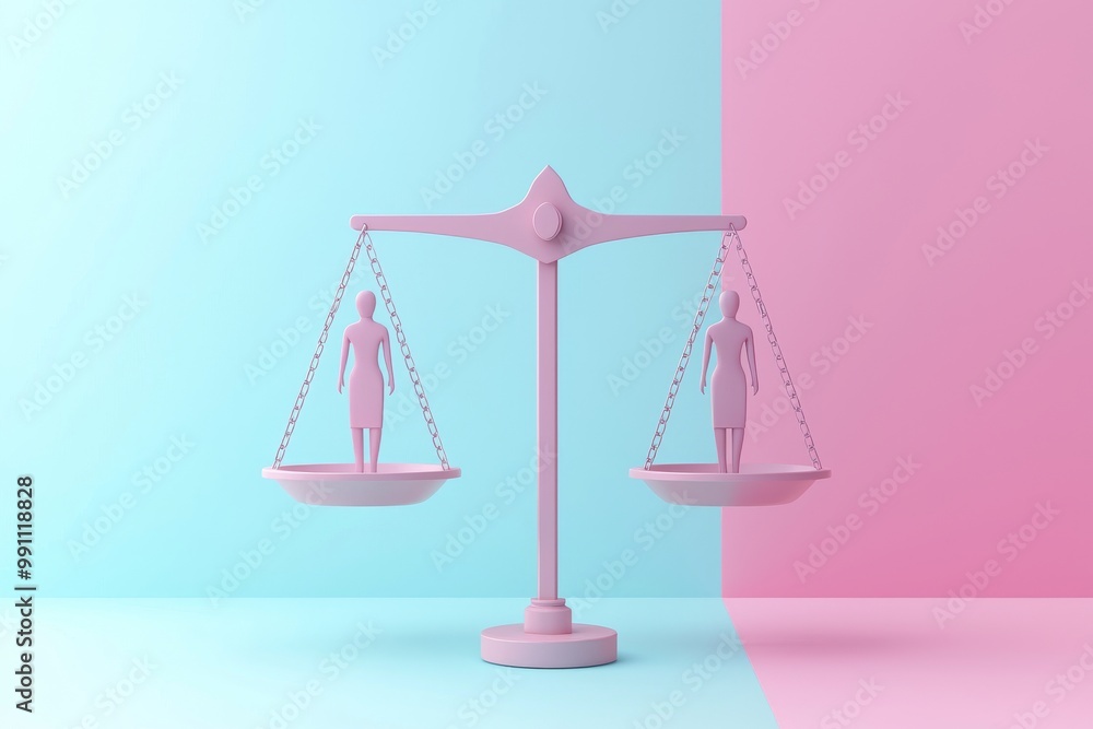 The blue and pink figures on the scale are in an imbalance on a pink and blue background representing issues related to gender inequality in men and women The blue and pink figures on the scale are in an imbalance on a pink and blue background representing issues related to gender inequality in men and women