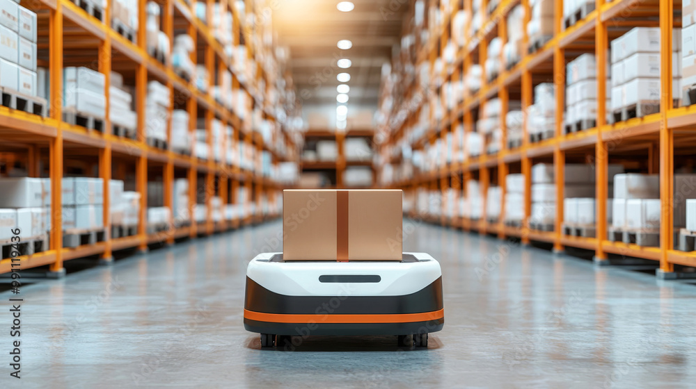 Autonomous robot delivering a package in a modern warehouse environment. Autonomous robot delivering a package in a modern warehouse environment.