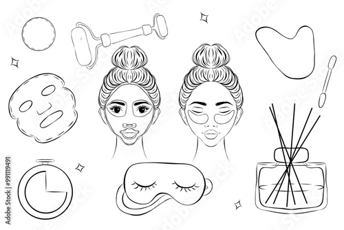 A set of elements in the sketch style.  Beauty routine, skin care. Mask, aroma diffuser, jade massage roller, silk sleep mask. Glow gang inscription. Vector illustration, fashion
