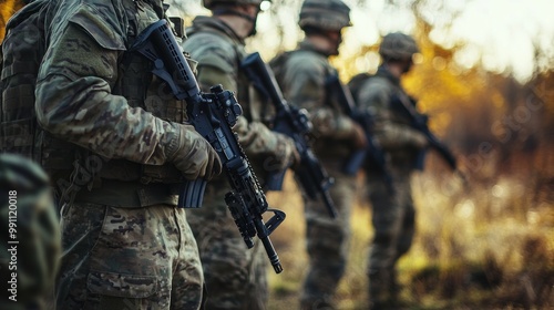 Close up of a soldier holding a rifle with other soldiers standing behind him in the forest.