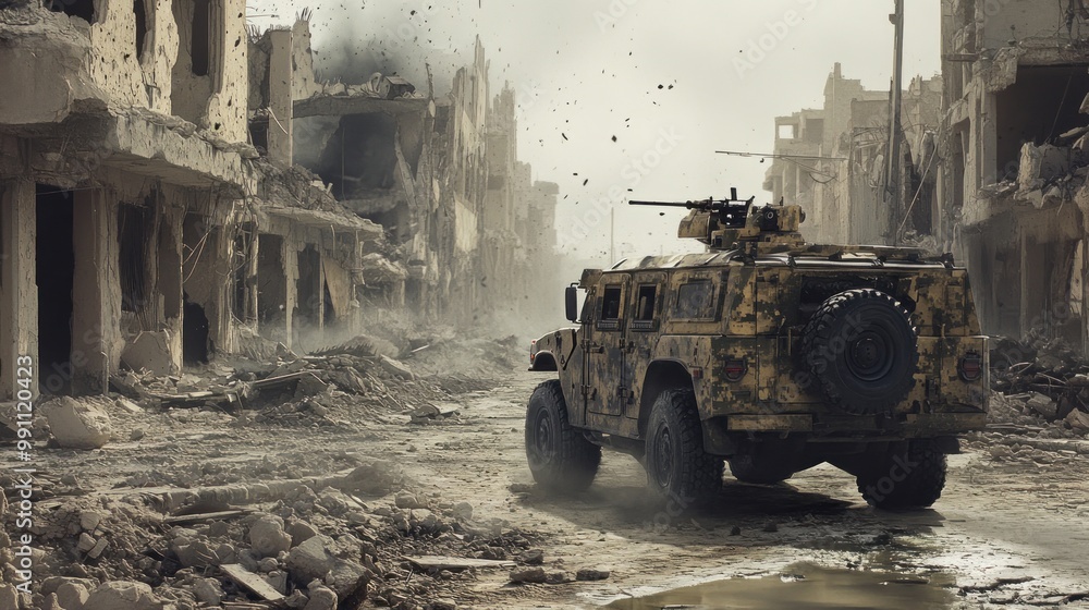 A military vehicle drives through a war-torn city street. A military vehicle drives through a war-torn city street.