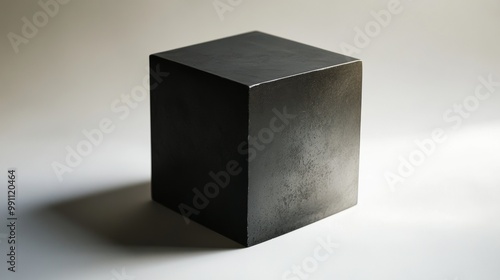 A black cube sits on a white surface