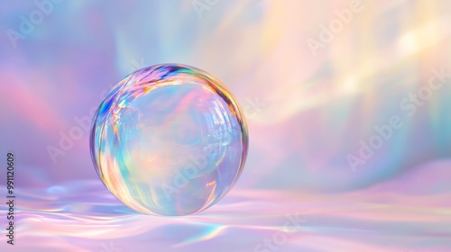 A clear glass sphere with a rainbow reflection on it