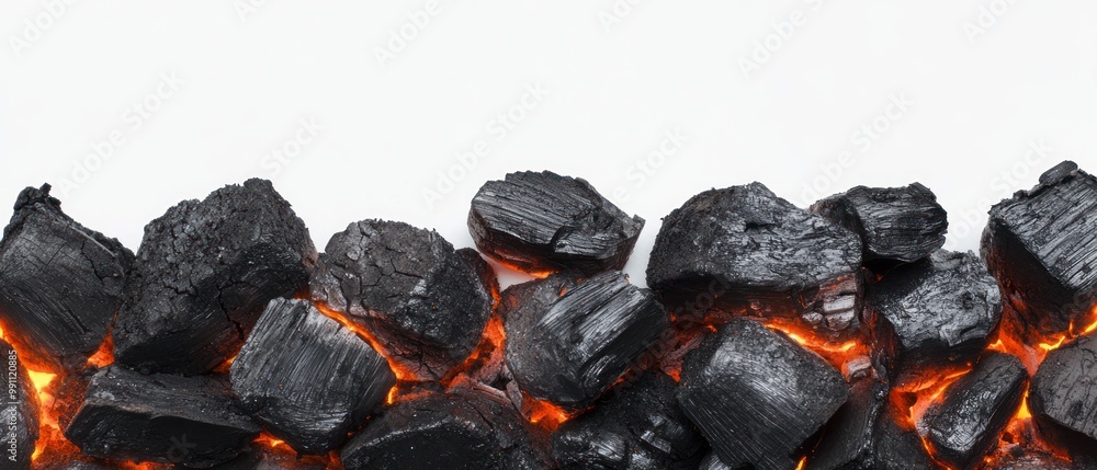 A close-up of charcoal pieces with glowing embers, suitable for grilling or barbecuing. A close-up of charcoal pieces with glowing embers, suitable for grilling or barbecuing.