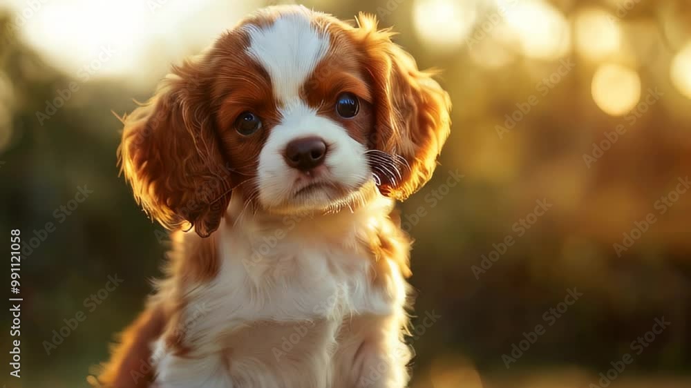 A playful puppy stands outdoors during golden hour, showcasing its charming features and warm, inviting expression A playful puppy stands outdoors during golden hour, showcasing its charming features and warm, inviting expression