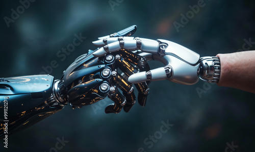 Two robotic hands reaching out to each other and touching