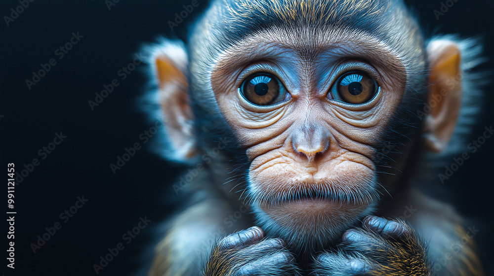 Striking Close-up of young Chimpanzee resting its head in its hands, showcasing deep expression and fine facial details. Banner with Copy Space Striking Close-up of young Chimpanzee resting its head in its hands, showcasing deep expression and fine facial details. Banner with Copy Space