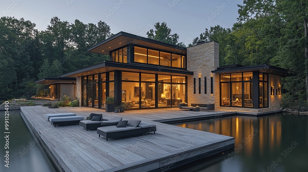 Fototapeta premium A modern farmhouse style home on a lake features a wooden deck with large windows and beige color scheme at dusk, with black vertical sconces along the side of the house.