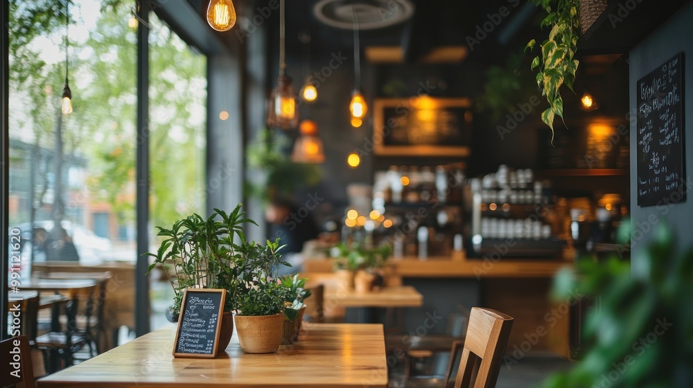 Empty wooden table with potted plants in a modern cafe with warm lighting. Empty wooden table with potted plants in a modern cafe with warm lighting.