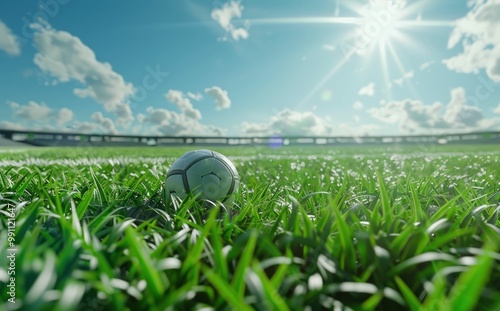 soccer ball, green grass, sunny day, stadium background, sports concept, vibrant blue sky, fluffy clouds, open space, recreational activity, outdoor environment, nature, playtime, teamwork, competiti