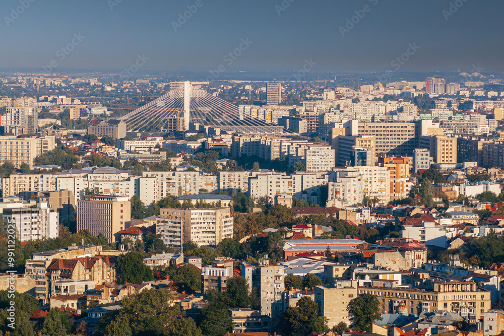 Bucharest aerial landscape. North part of Bucharest with modern office buildings and old residential constructions in foreground. Concept image for Bucharest with city skyline. Bucharest aerial landscape. North part of Bucharest with modern office buildings and old residential constructions in foreground. Concept image for Bucharest with city skyline.