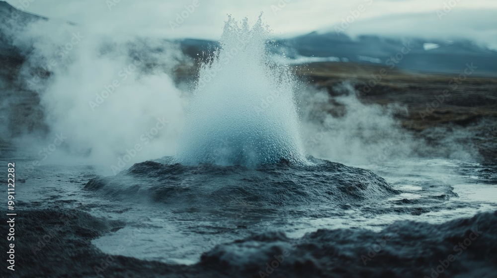 Close-up of a geyser bubbling at Geysir, with the contrast of steaming water against the rocky surface in the foreground, set in Iceland's geothermal fields. Close-up of a geyser bubbling at Geysir, with the contrast of steaming water against the rocky surface in the foreground, set in Iceland's geothermal fields.
