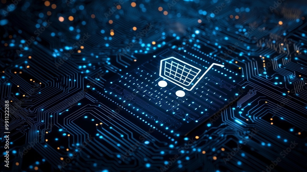 This Ecommerce Technology Concept features a shopping symbol embedded on a chip. Neon data flows between the CPU and the users. A futuristic motherboard is shown in 3D. This Ecommerce Technology Concept features a shopping symbol embedded on a chip. Neon data flows between the CPU and the users. A futuristic motherboard is shown in 3D.