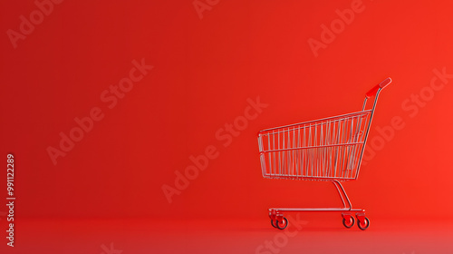 Empty shopping cart on red background