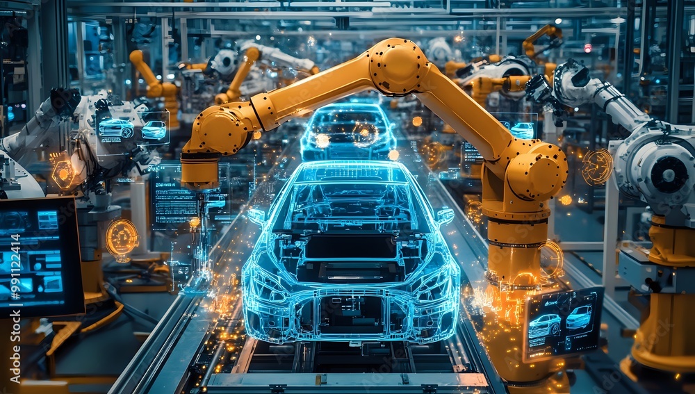 Modern car manufacturing with robotic arms and augmented reality. Modern car manufacturing with robotic arms and augmented reality.