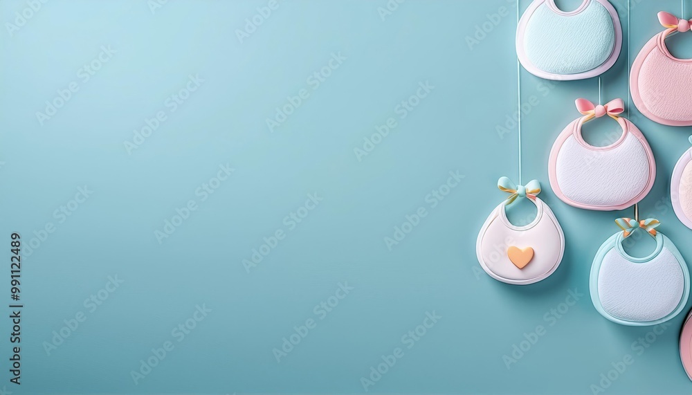 Colorful baby bibs hanging against a soft blue background, perfect for newborn celebrations or parenting themes. Colorful baby bibs hanging against a soft blue background, perfect for newborn celebrations or parenting themes.