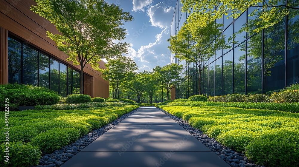Fototapeta premium A modern hospital building features a glass facade with commercial office buildings in the background, modern landscape design with big green bushes.