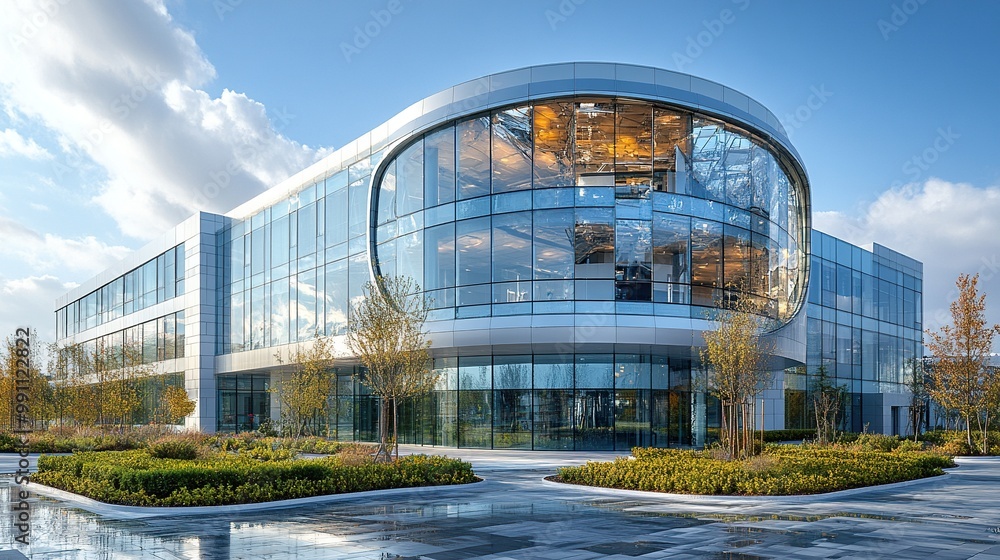 Fototapeta premium A modern hospital building features a glass facade with commercial office buildings in the background, modern landscape design with big green bushes.
