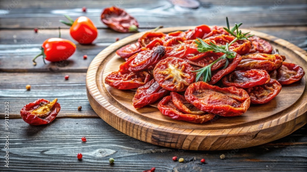 Sun-dried tomatoes arranged on a rustic wooden plate, Sun-dried tomatoes, wooden plate, food photography Sun-dried tomatoes arranged on a rustic wooden plate, Sun-dried tomatoes, wooden plate, food photography