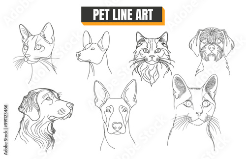 Line art drawing of dog and cat faces, vector art of domestic animals, minimalist illustration of various animals, black and white animal profile.