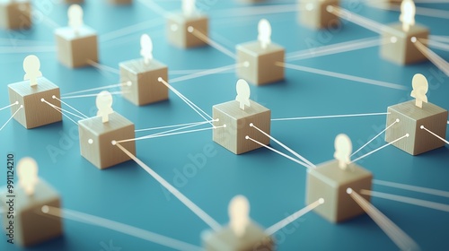 3D rendering of Display Technology Concept with Monitor Symbol on Wooden Block. User Network Connections are Represented with White String.