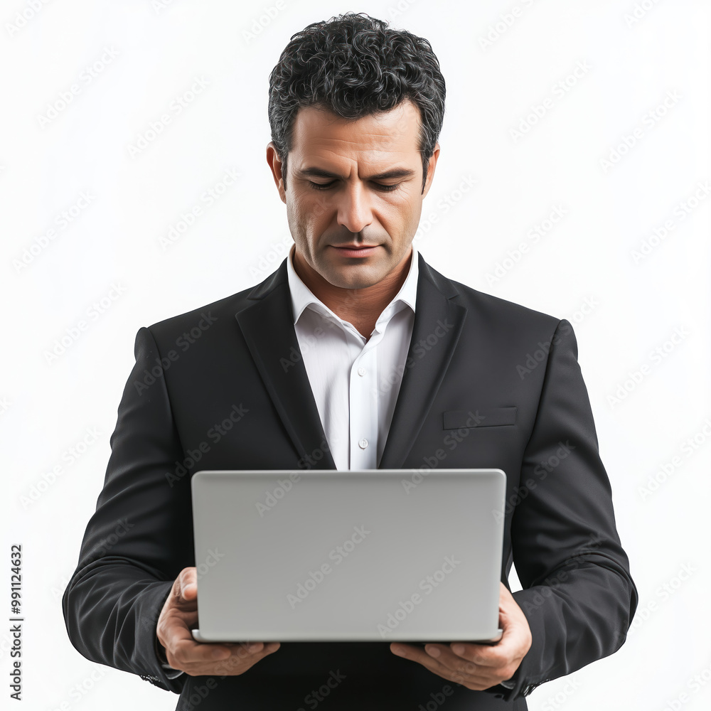 Middle aged businessman, holding laptop computer in hand, frontal view, isolated on white Middle aged businessman, holding laptop computer in hand, frontal view, isolated on white