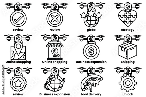 A set of images of drones with various items on them, including a book, a pizza