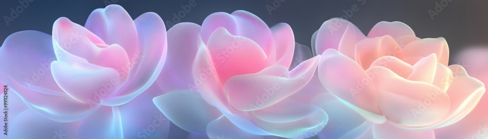 Obraz premium Three pink flowers are shown in a blurry, abstract style