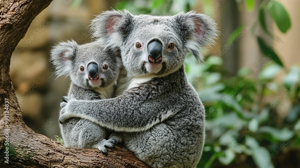 A mother koala with her baby on her back sits on a tree branch. A mother koala with her baby on her back sits on a tree branch.
