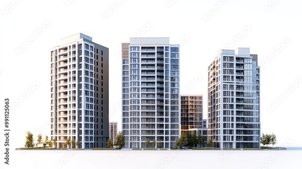 Modern apartment building complex with white facade and large windows. Modern apartment building complex with white facade and large windows.