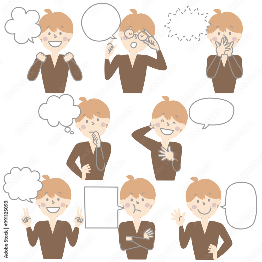 collection set of cute doodle hand draw speech bubble balloon with boy man character facial expression, text box think speak talk banner, flat design vector illustration
