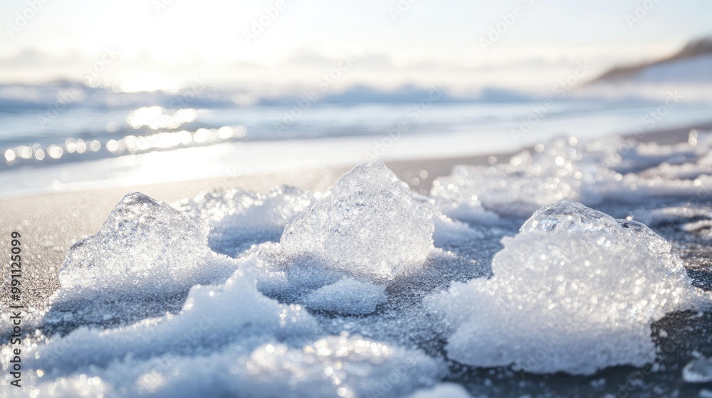 Diamond Beach in winter, with ice formations resembling precious stones against the contrast of a snow-covered shoreline. Diamond Beach in winter, with ice formations resembling precious stones against the contrast of a snow-covered shoreline.