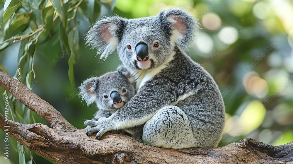 A mother koala with her baby on her back sits on a tree branch. A mother koala with her baby on her back sits on a tree branch.