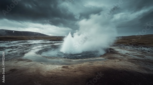 Dramatic eruption of Geysir under an overcast sky, surrounded by the stark beauty of Iceland's geothermal region and rocky plains.