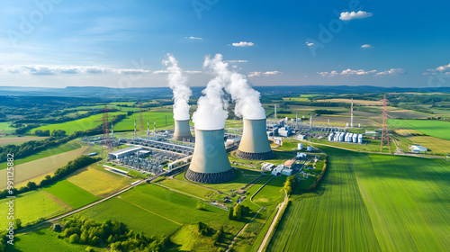 Aerial view of modern nuclear power plant with cooling towers emitting steam against clear blue sky, surrounded by lush green fields, symbolizing clean energy and environmental balance.