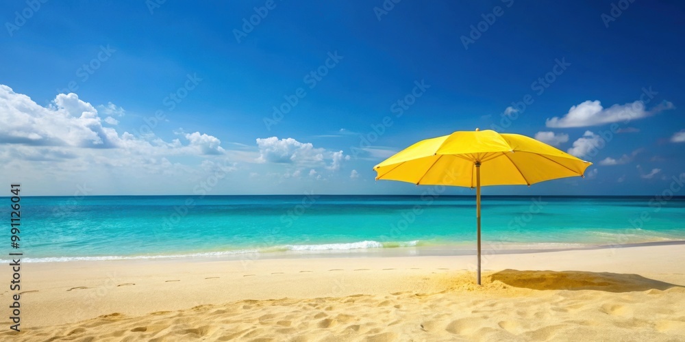 Yellow beach umbrella standing tall on a sandy beach against the beautiful backdrop of the blue Caribbean sea , beach, umbrella Yellow beach umbrella standing tall on a sandy beach against the beautiful backdrop of the blue Caribbean sea , beach, umbrella