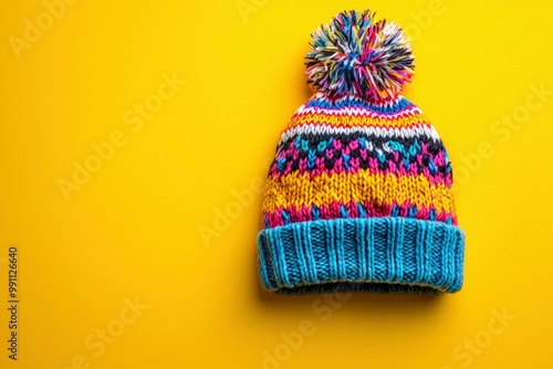 Colorful Knitted Winter Hat with Pom Pom on Yellow Background